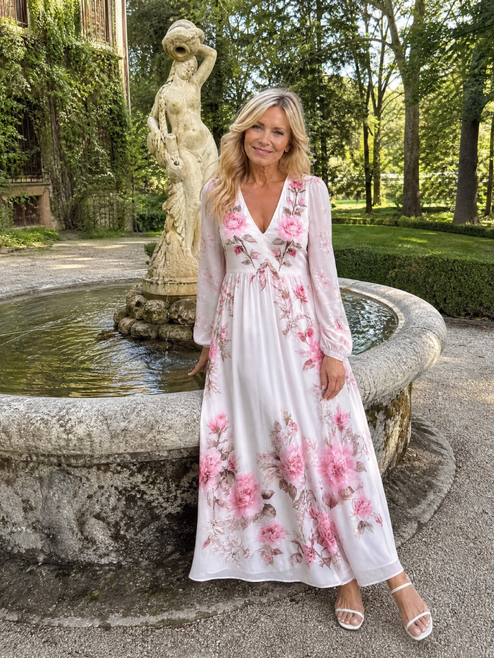 Emina | Floral V Neck Long Sleeve Midi Dress