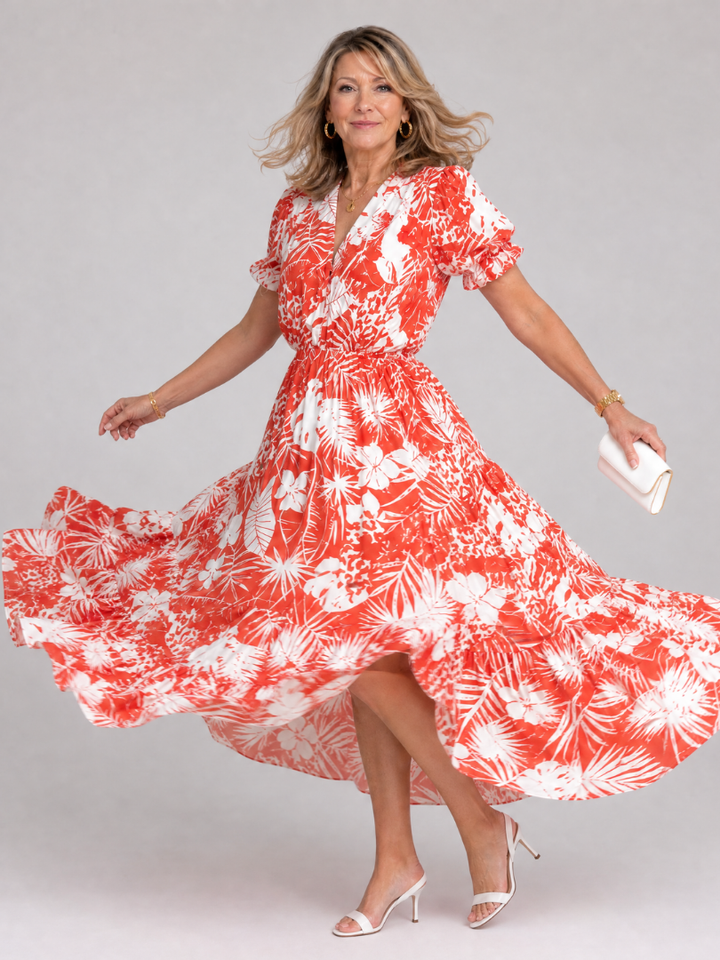 Charlotte | Floral V Neck Short Sleeve Midi Dress