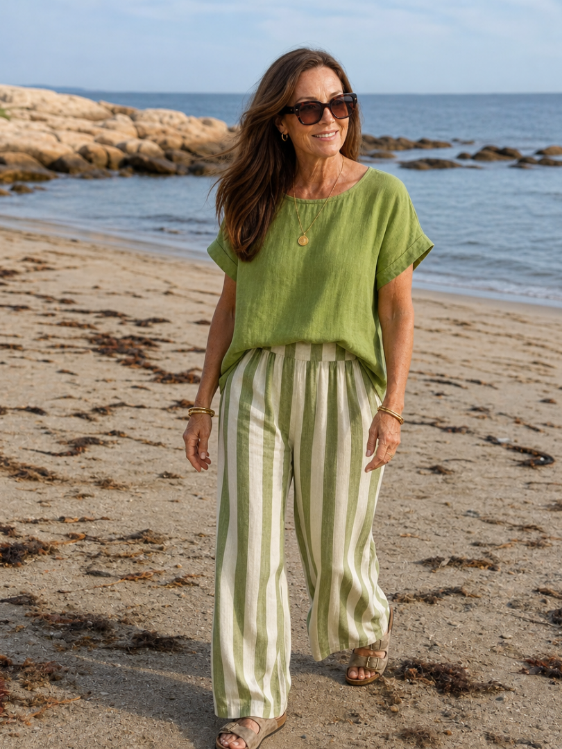Emery | Breezy Top And Striped Wide Leg Pants Set