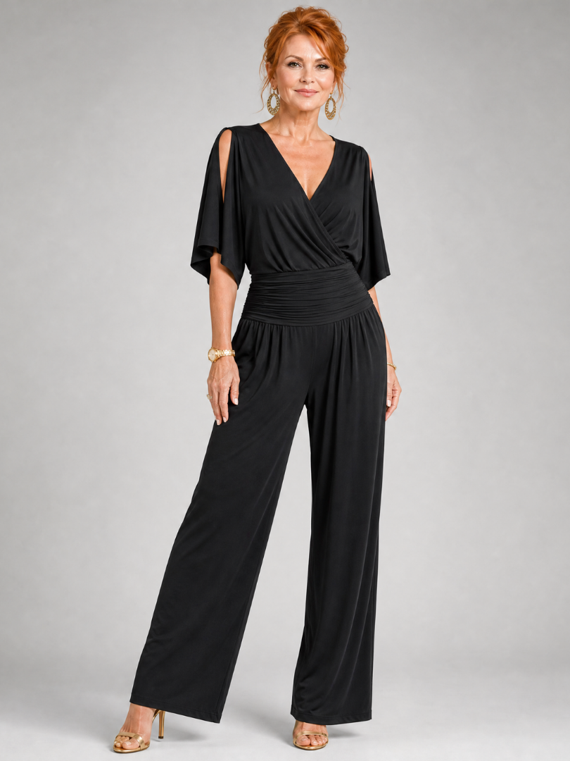 Juman | Cold Shoulder Wrap Wide Leg Jumpsuit
