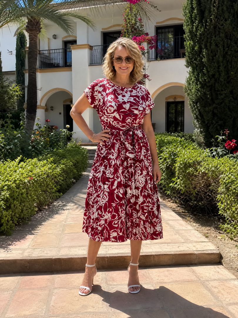 Hazel | Floral Pleated Waist Tie Midi Dress