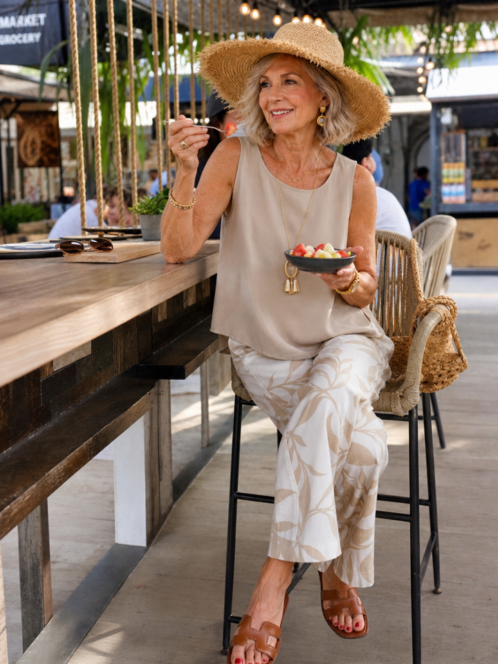 Scarlett | Layered Tank Top And Leaf Print Pants Set
