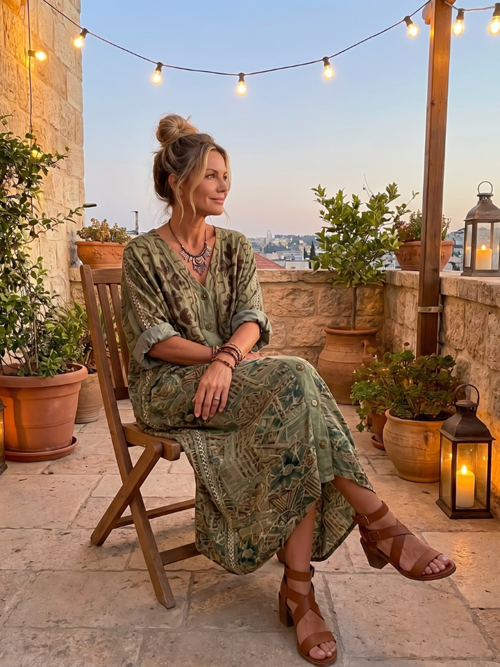 Aleta | Button Front Embroidered Oversized Pocket Midi Dress