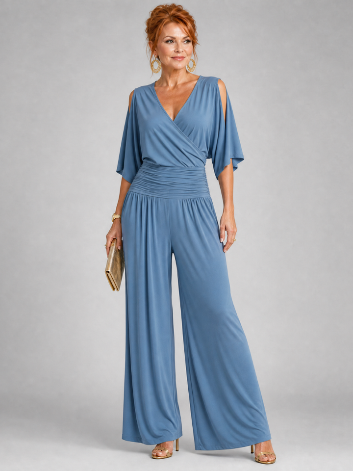 Juman | Cold Shoulder Wrap Wide Leg Jumpsuit