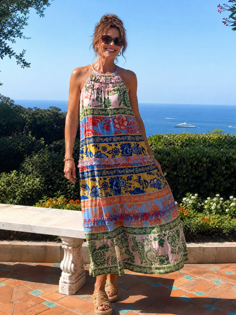 Imene | Sleeveless Mixed Print Midi Dress