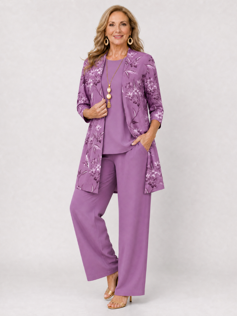 Aureliah | Printed Open Front Three Piece Pant Set