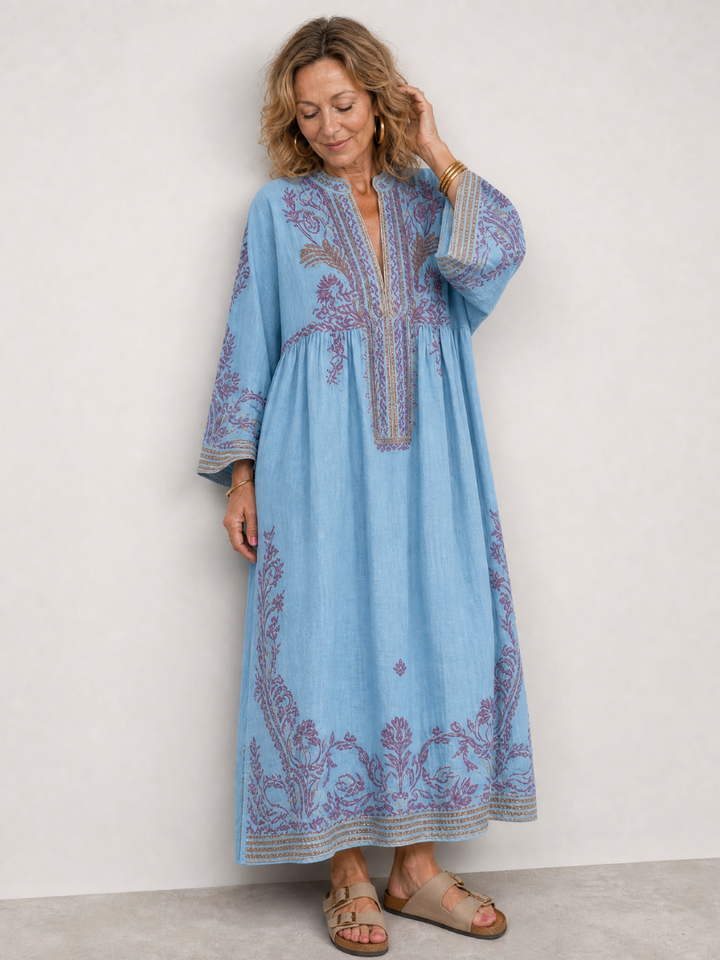 Brenda | Embroidered Three Quarter Sleeve Midi Dress