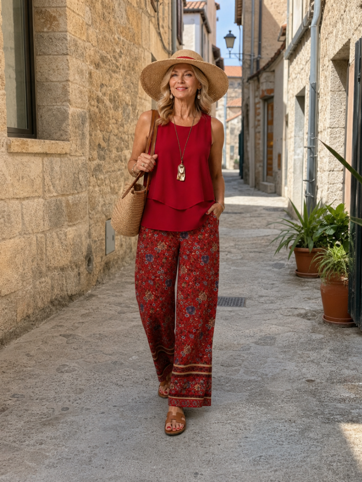 Adeline | Layered Tank Top And Floral Wide Leg Pants Set