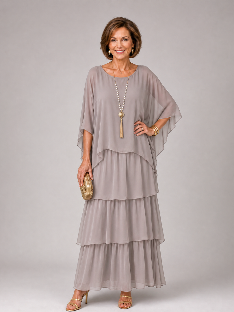 Arianwen | Layered Chiffon Round Neck Midi Dress