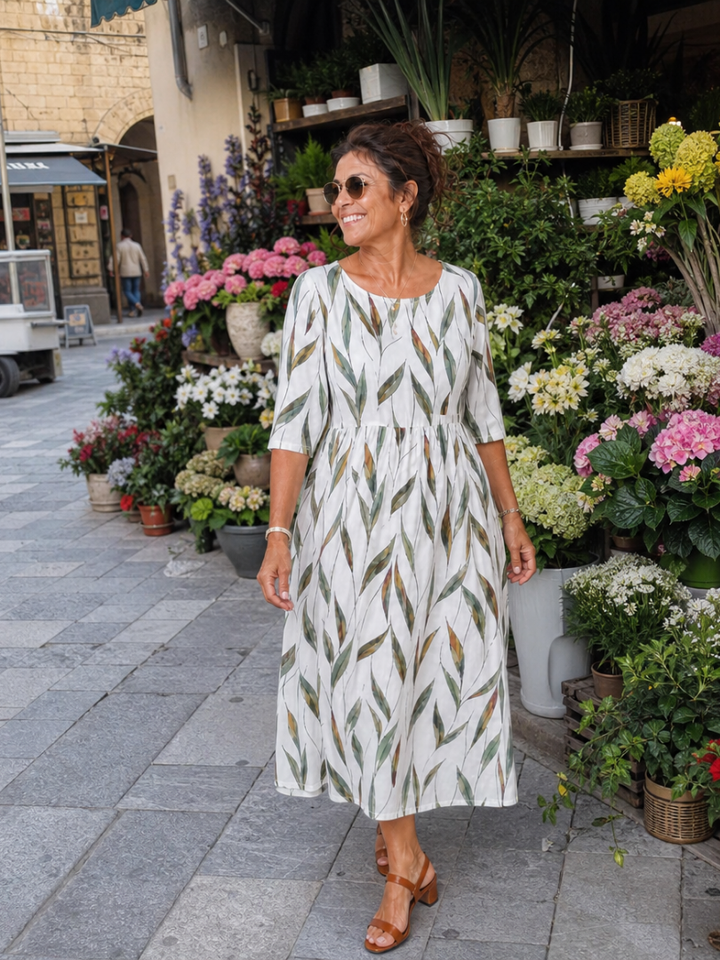 Patricia | Leaf Print Pocket Midi Dress
