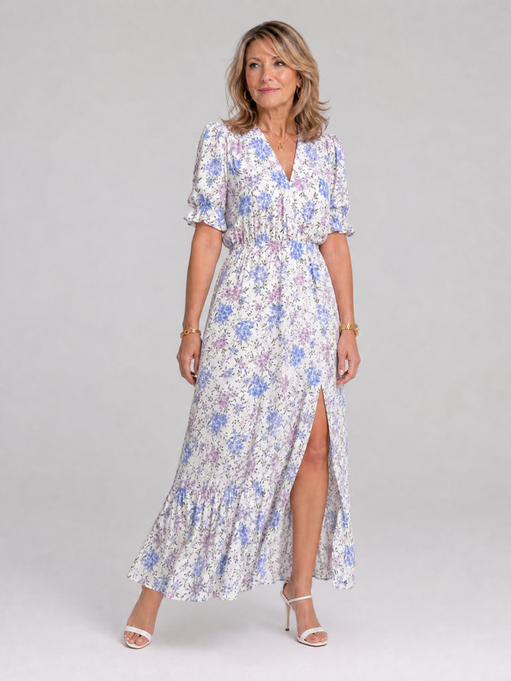 Charlotte | Floral V Neck Short Sleeve Midi Dress