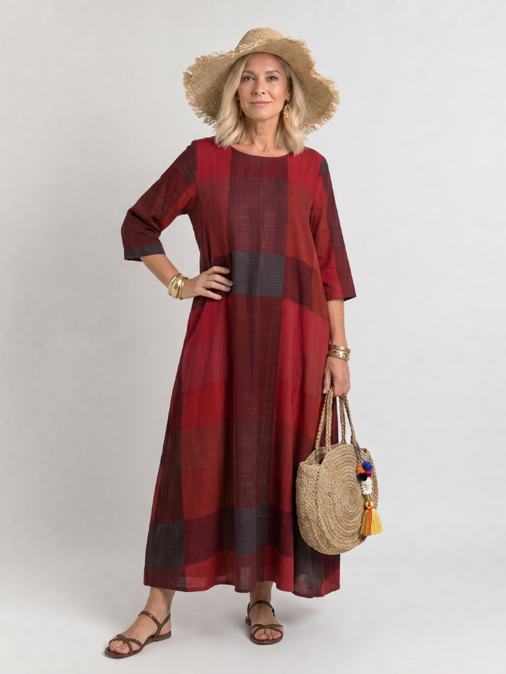 Omino | Plaid Round Neck Midi Dress