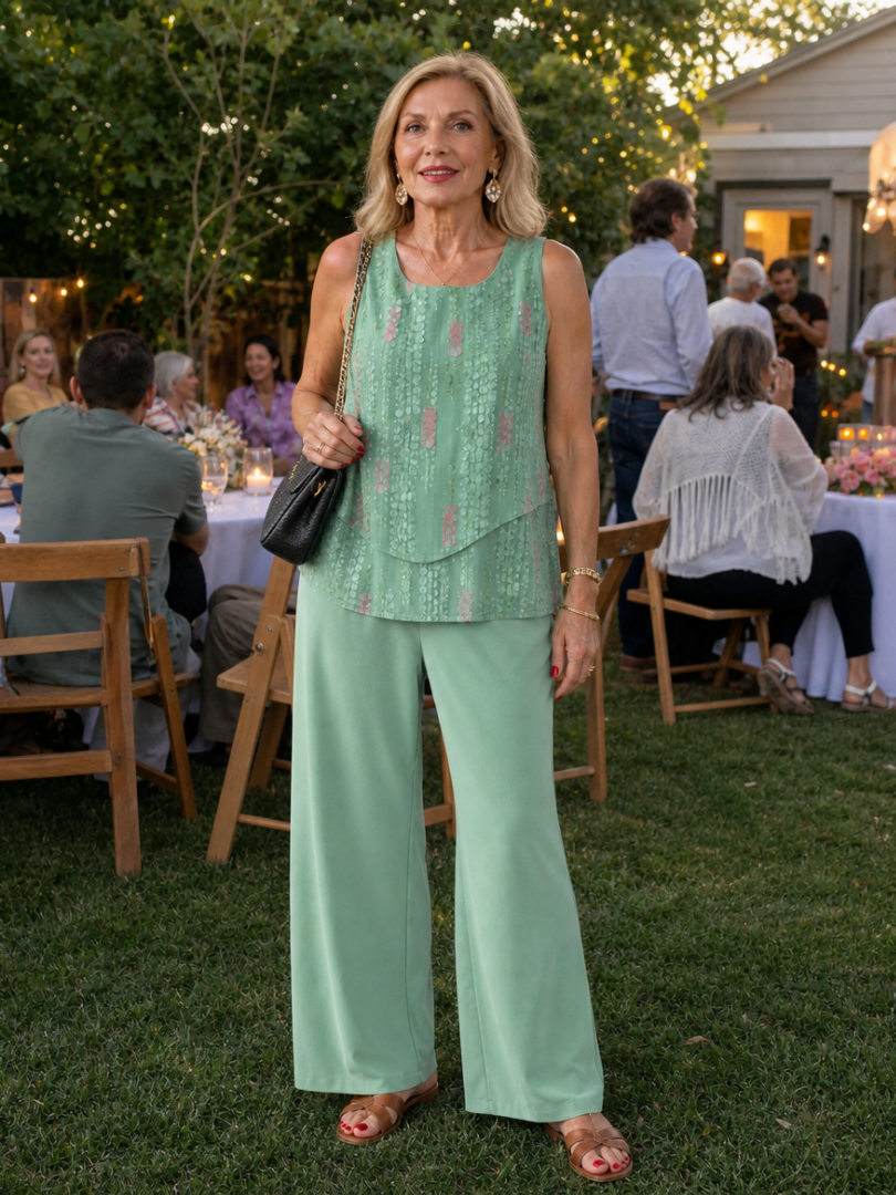 Bethany | Embroidered Tank Top And Wide Leg Pants Set
