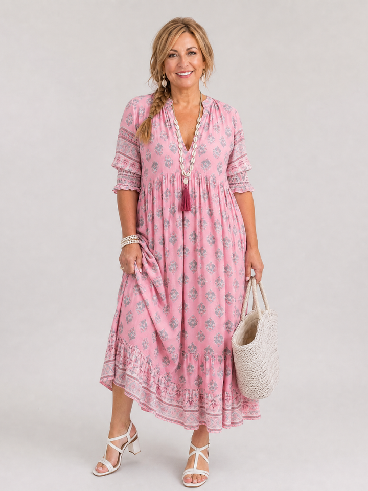 Youma | Printed V Neck Tiered Midi Dress