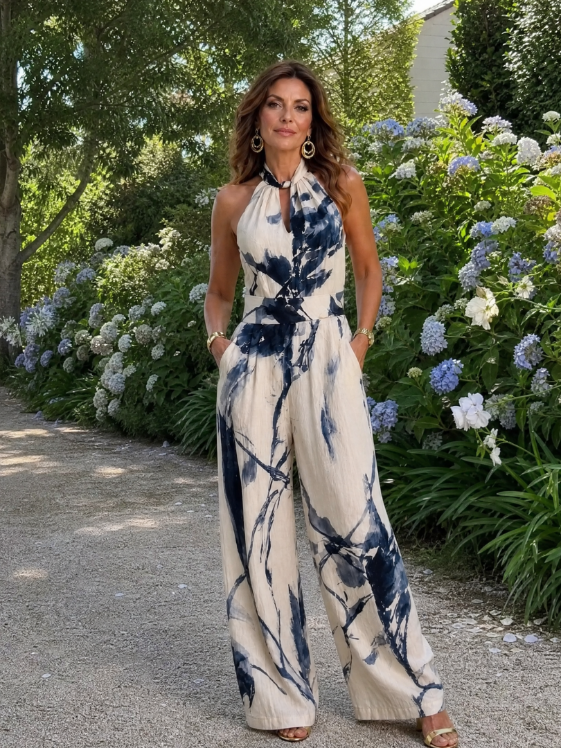 Xylene | Printed Halter Wide Leg Jumpsuit