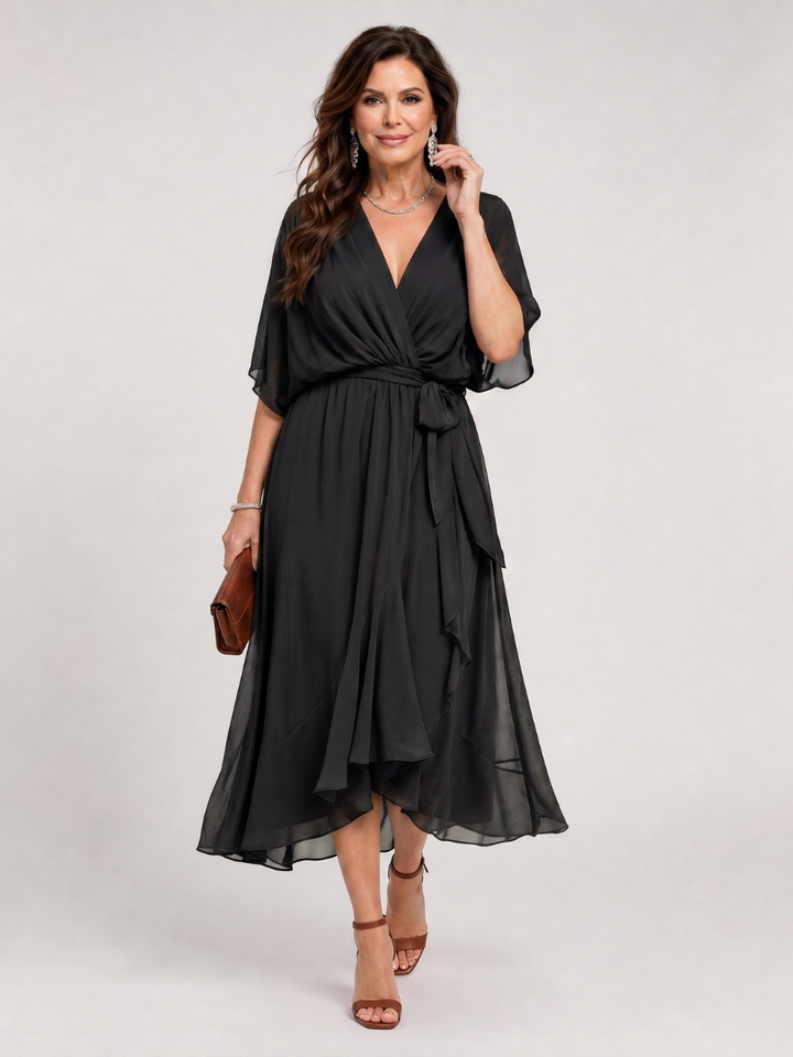 Maristella | Draped V Neck Tie Waist Midi Dress