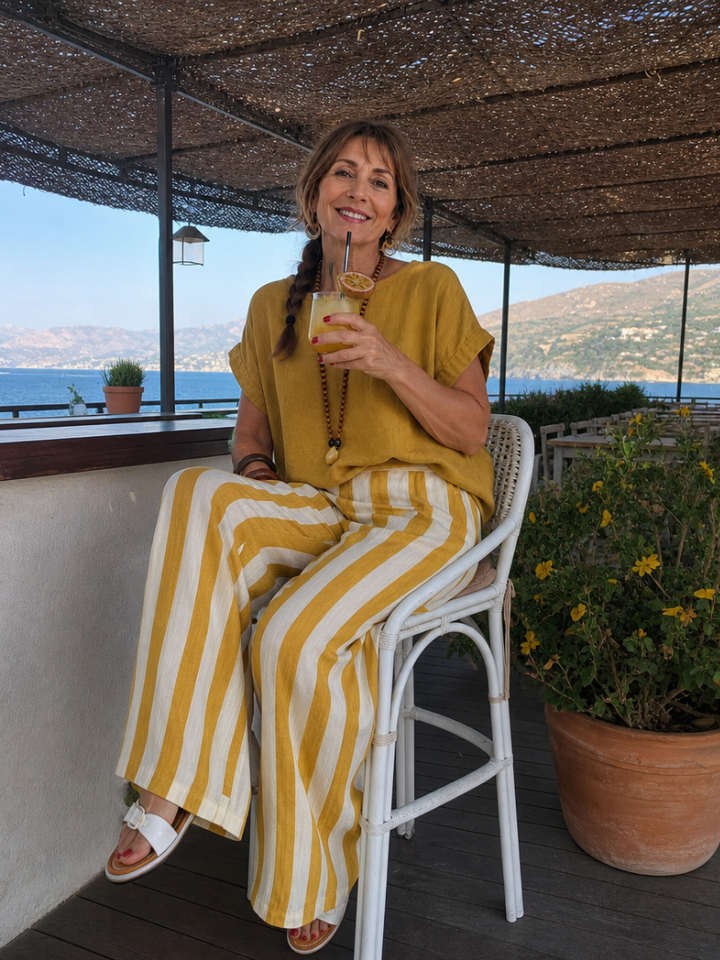Carmen | Short Sleeve Top And Striped Pants Set