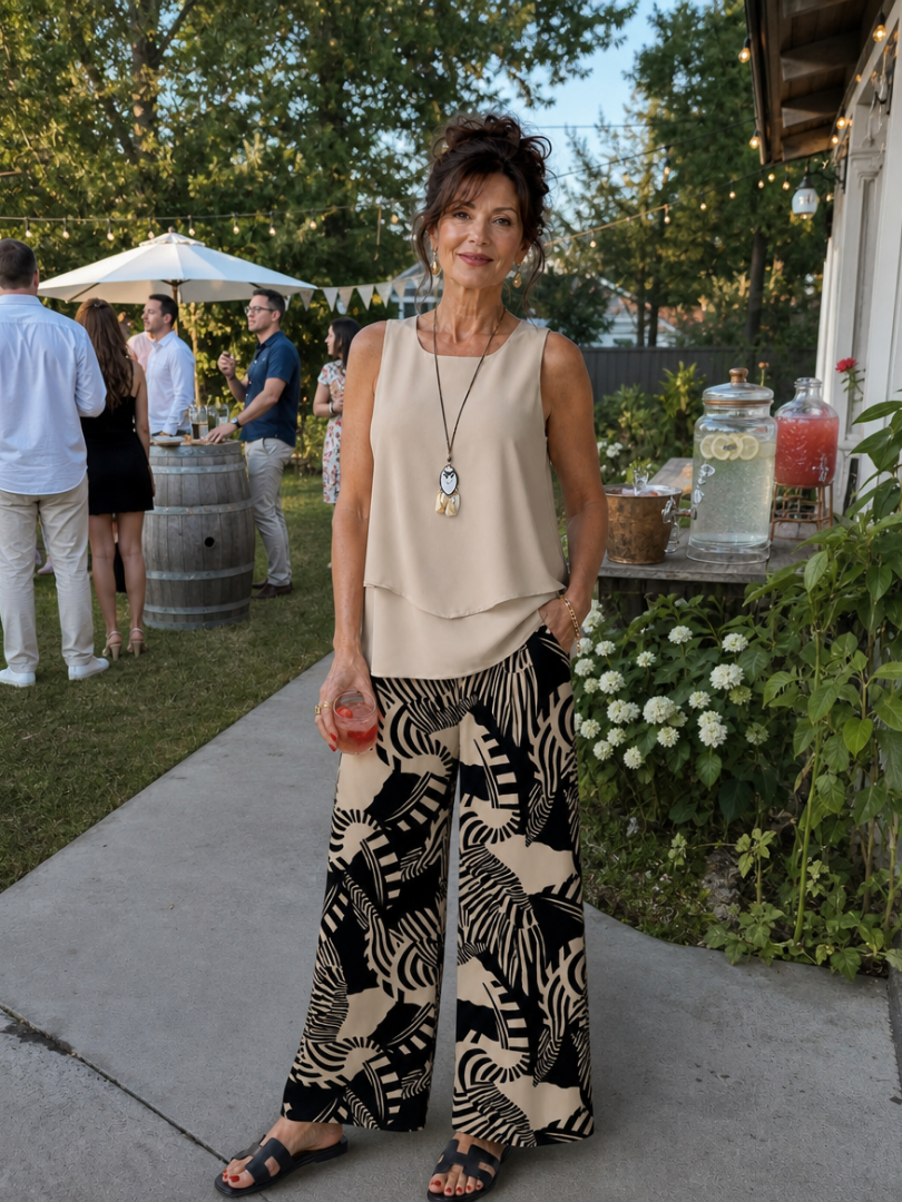 Catalina | Layered Tank Top And Abstract Wide Leg Pants Set