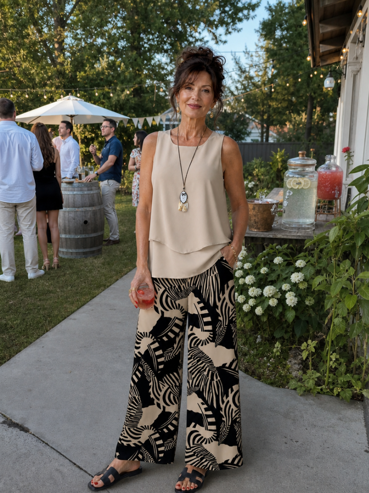 Catalina | Layered Tank Top And Abstract Wide Leg Pants Set