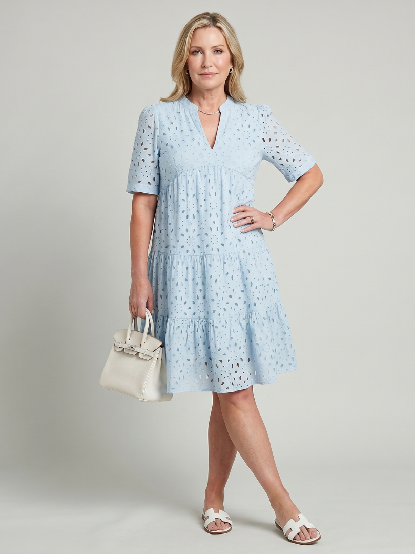 Nicolette | Short Sleeve Eyelet Detail Knee Length Dress