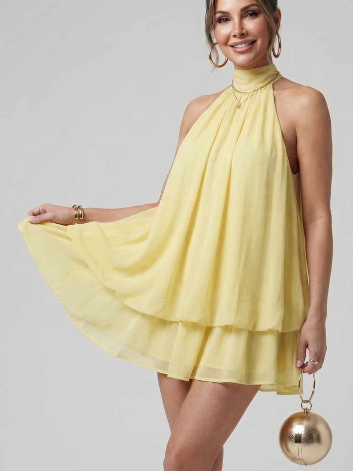 Hadley | High Neck Layered Chiffon Flared Hem Mini Dress