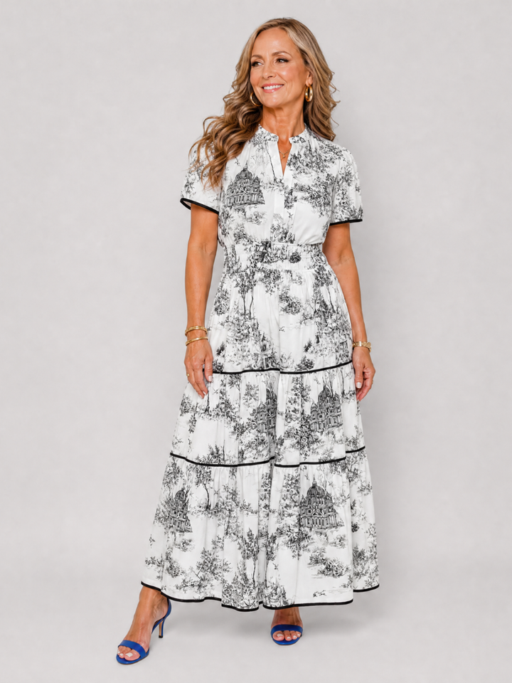 Seraphine | Printed Short Sleeve Tiered Midi Dress