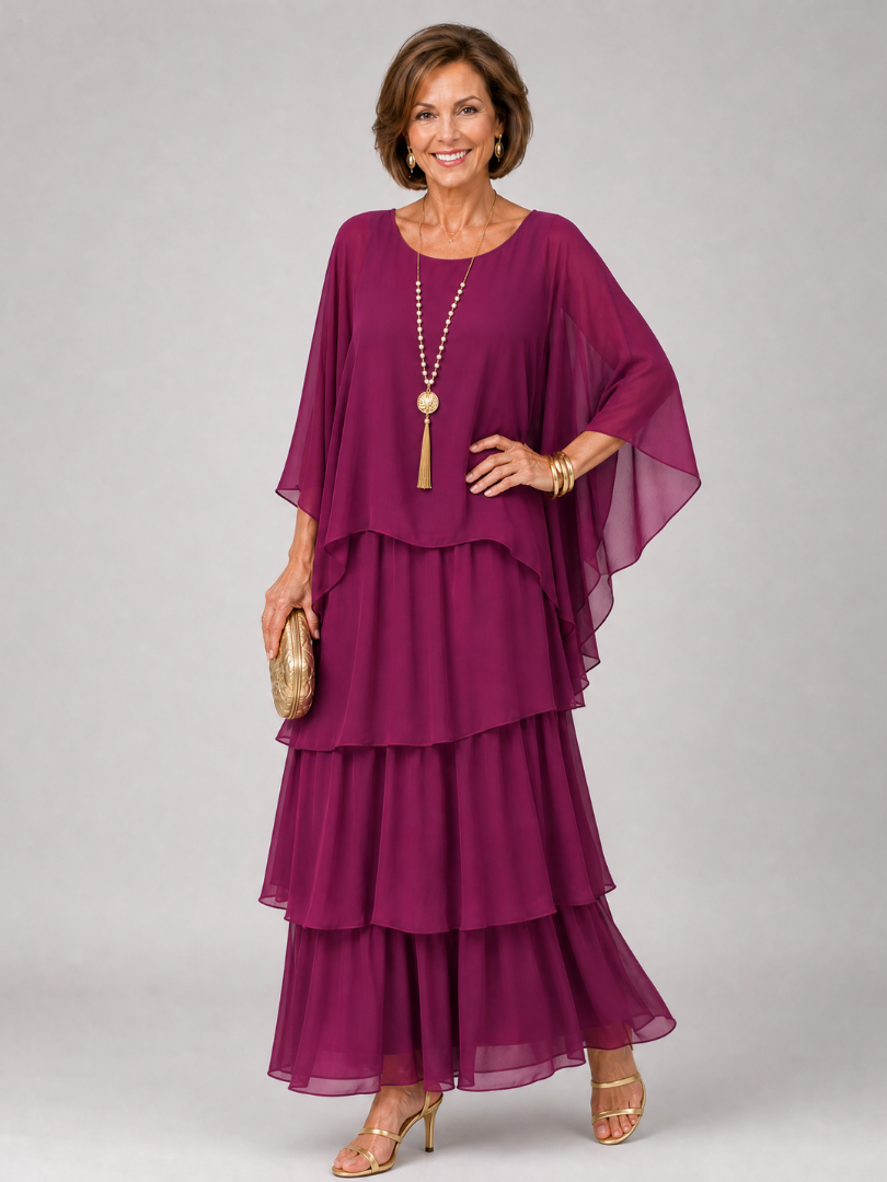 Arianwen | Layered Chiffon Round Neck Midi Dress