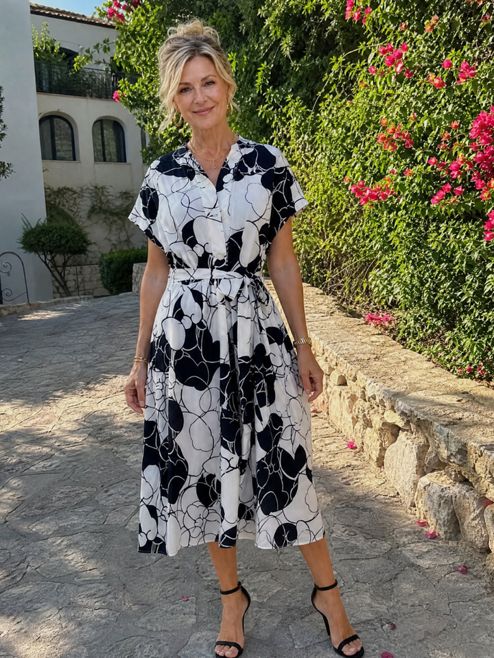 Sydney | Printed V Neck Waist Tie Midi Dress