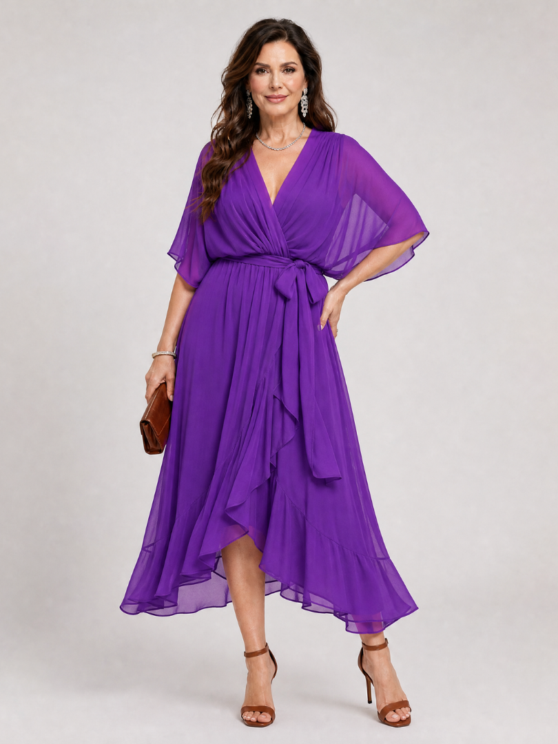 Maristella | Draped V Neck Tie Waist Midi Dress