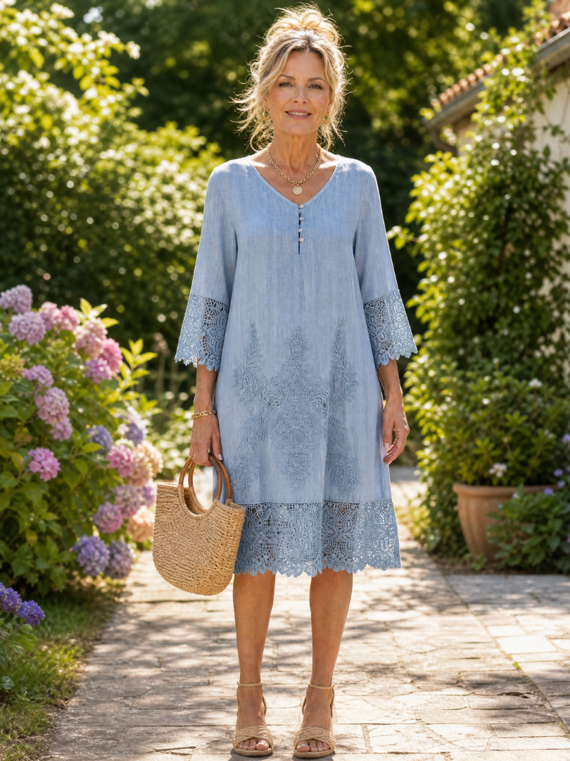 Tina | Embroidered Lace Trim Shift Midi Dress