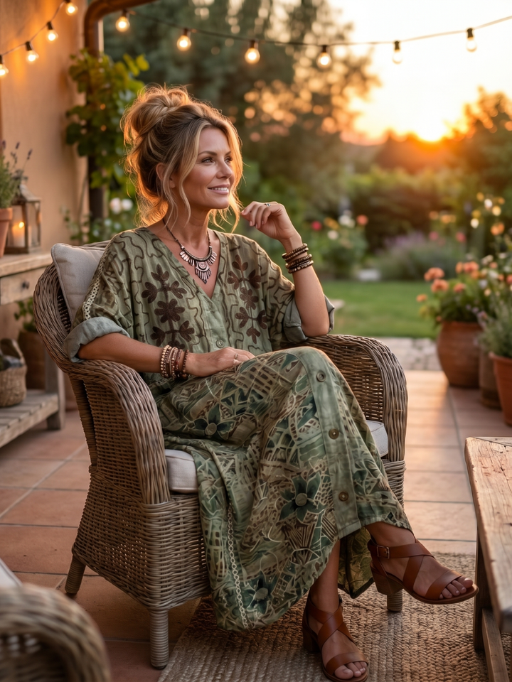 Aleta | Button Front Embroidered Oversized Pocket Midi Dress