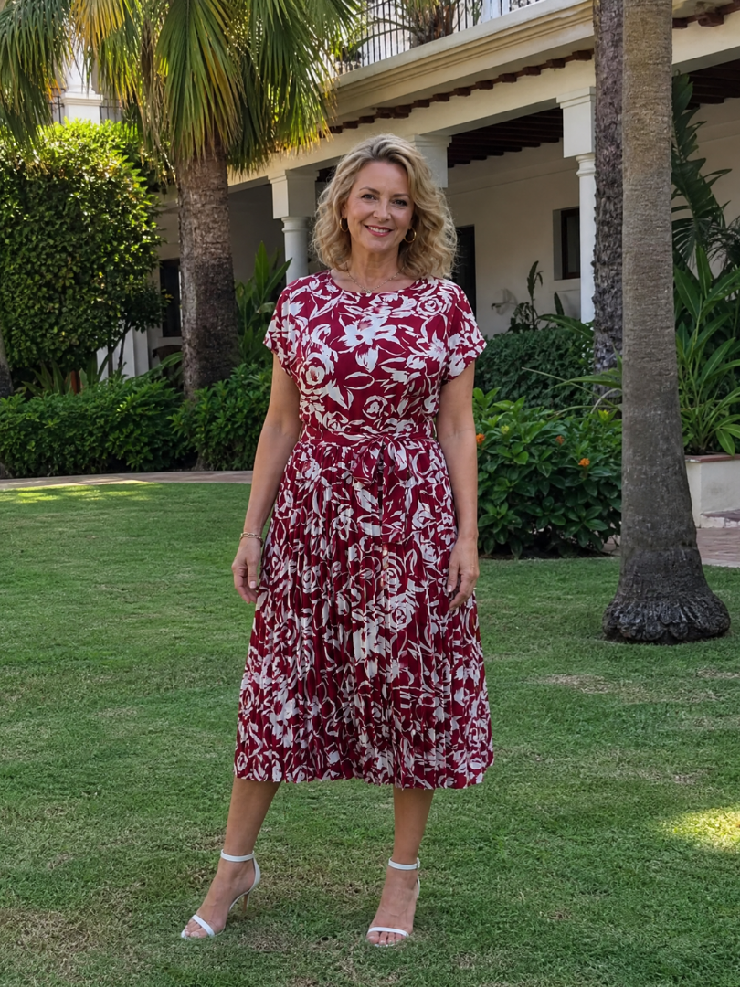 Hazel | Floral Pleated Waist Tie Midi Dress