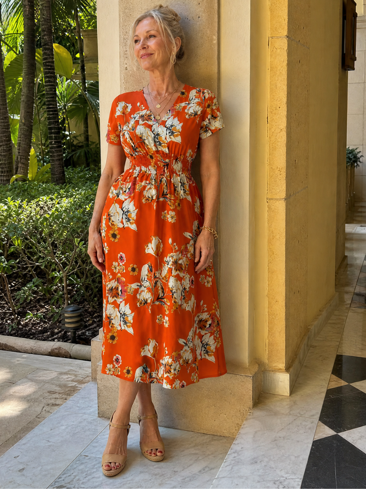 Iris | Floral V Neck Short Sleeve Midi Dress