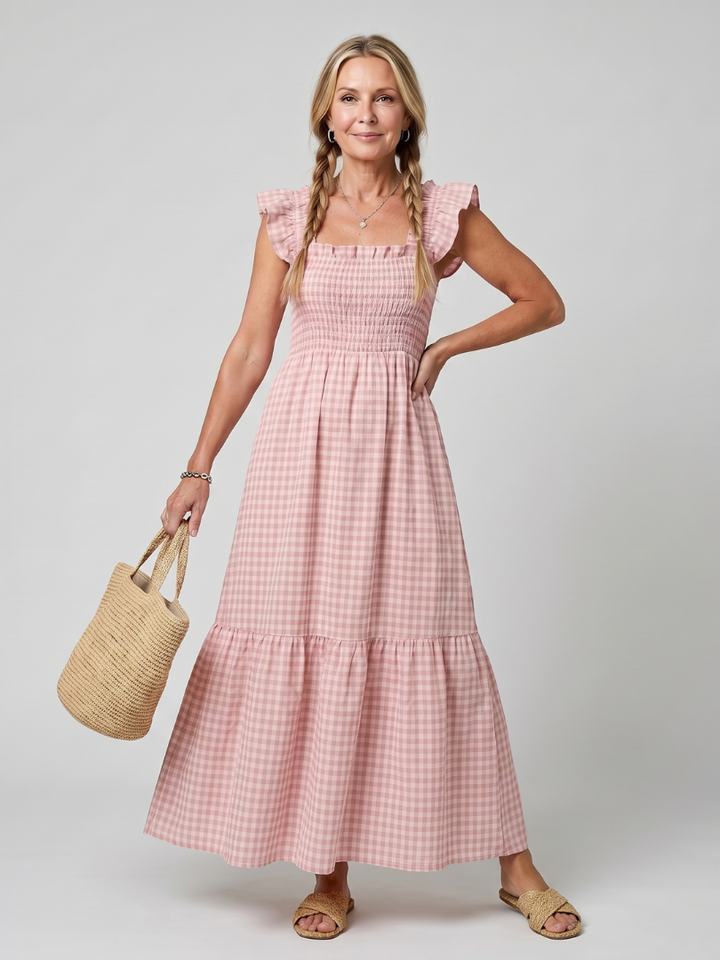 Verity | Sleeveless Square Neck Gingham Pattern Midi Dress