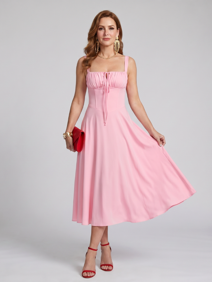 Zenobia | Spaghetti Strap Ruched Bodice Midi Dress