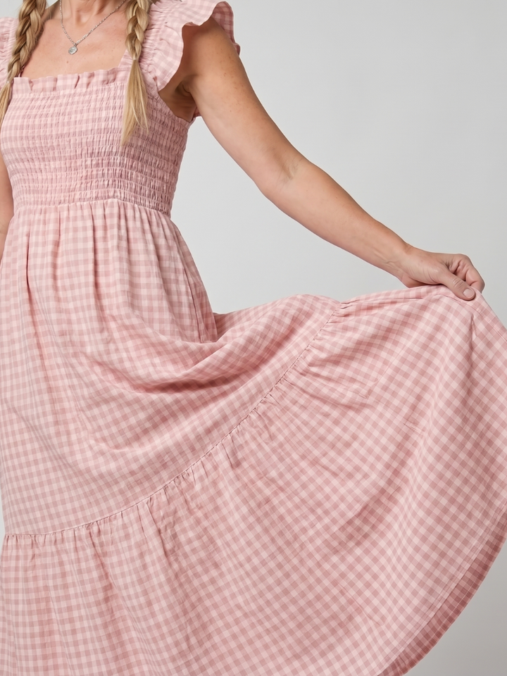 Verity | Sleeveless Square Neck Gingham Pattern Midi Dress