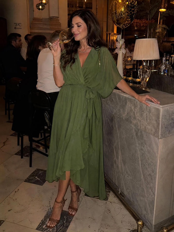 Maristella | Draped V Neck Tie Waist Midi Dress