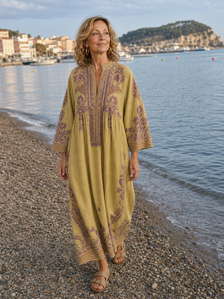 Brenda | Embroidered Three Quarter Sleeve Midi Dress