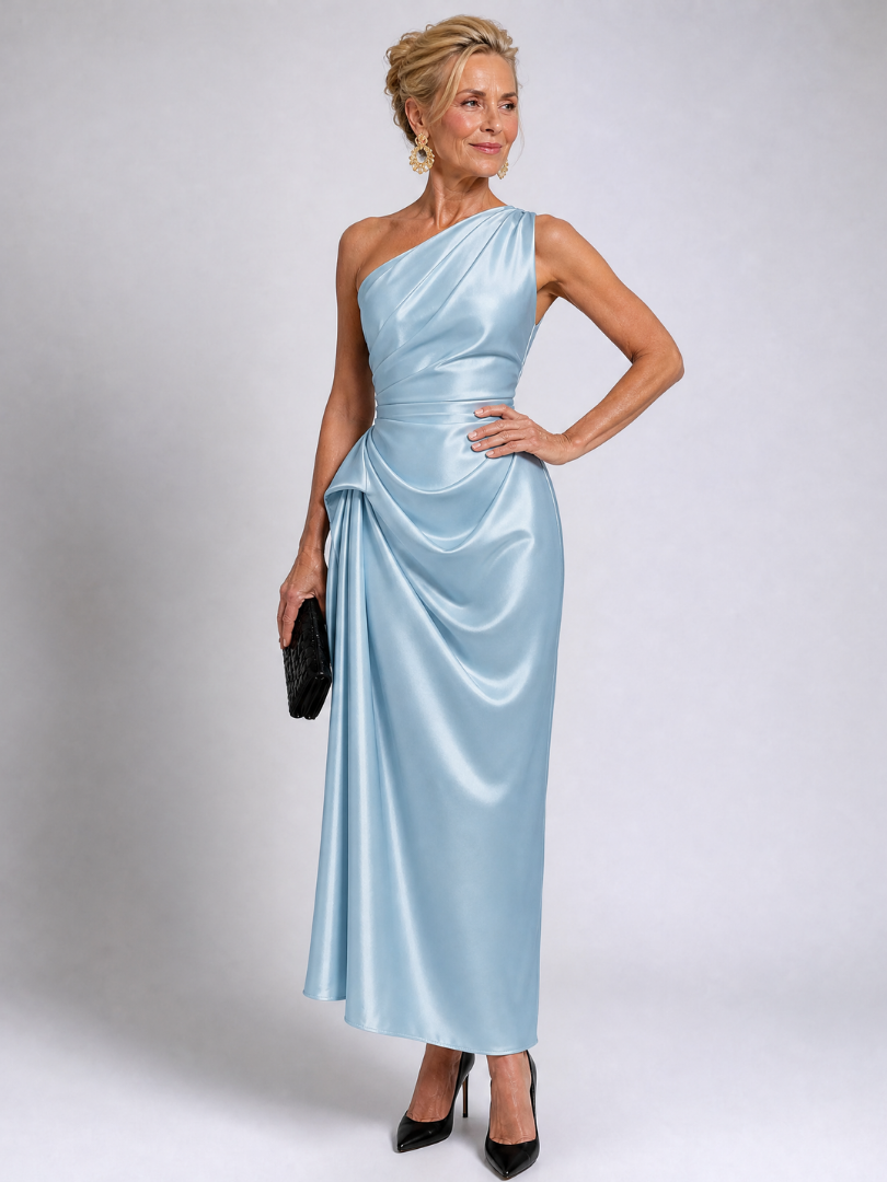 Zeima | One Shoulder Draped Satin Midi Dress