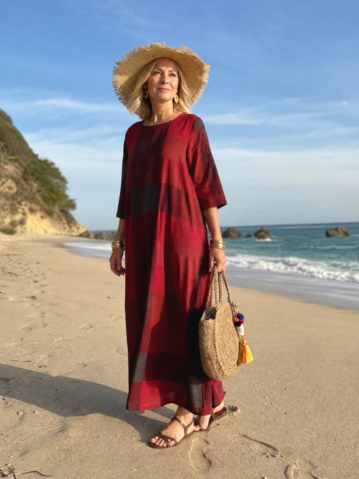 Omino | Plaid Round Neck Midi Dress