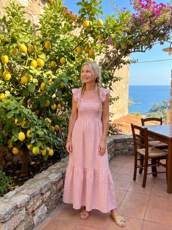 Verity | Sleeveless Square Neck Gingham Pattern Midi Dress
