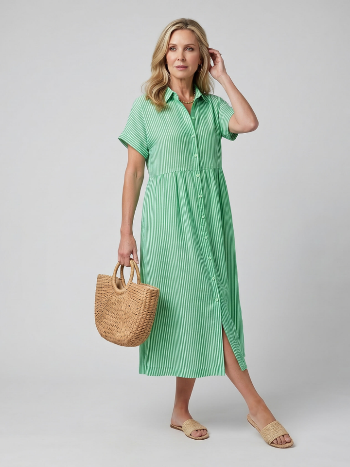 Rosamund | Short Sleeve Stripe Pattern Midi Dress