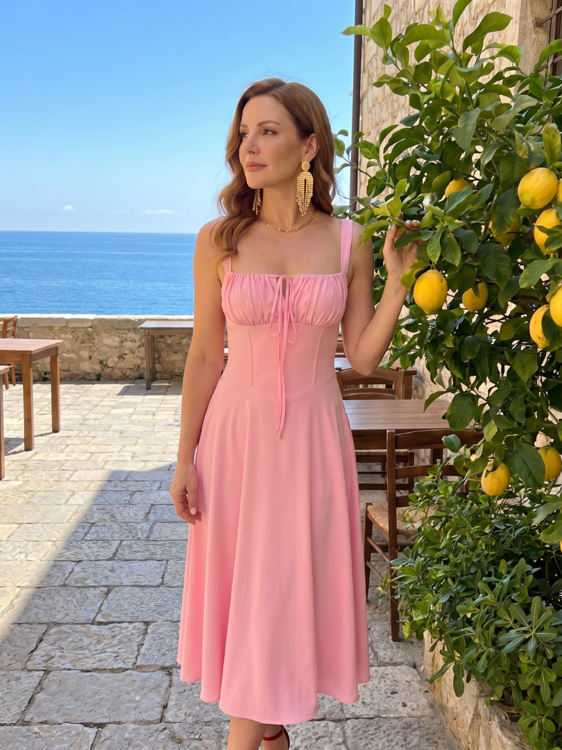 Zenobia | Spaghetti Strap Ruched Bodice Midi Dress