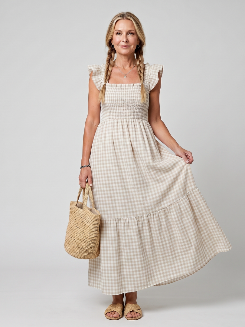 Verity | Sleeveless Square Neck Gingham Pattern Midi Dress