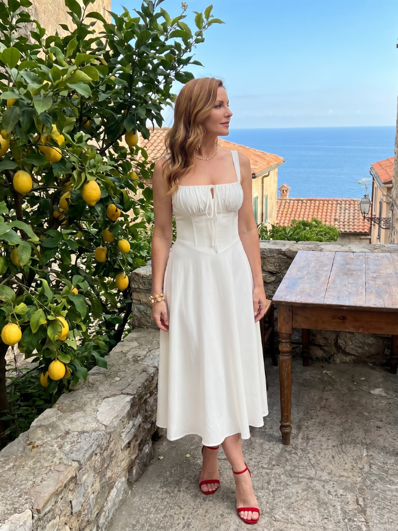 Zenobia | Spaghetti Strap Ruched Bodice Midi Dress
