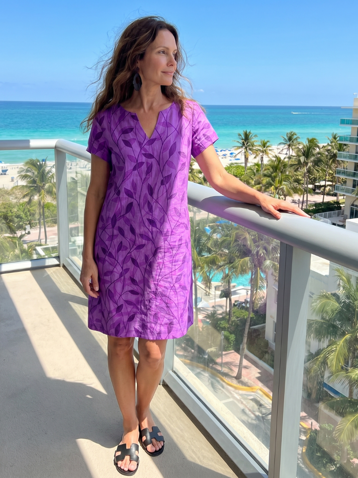 Hanie | Leaf Print V Neck Knee Length Dress