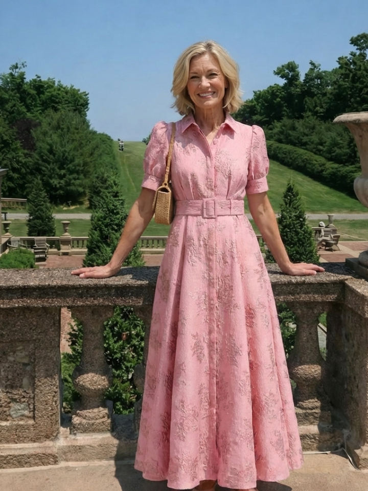 Xanthea | Short Sleeve Belted Floral Textured Maxi Shirt Dress