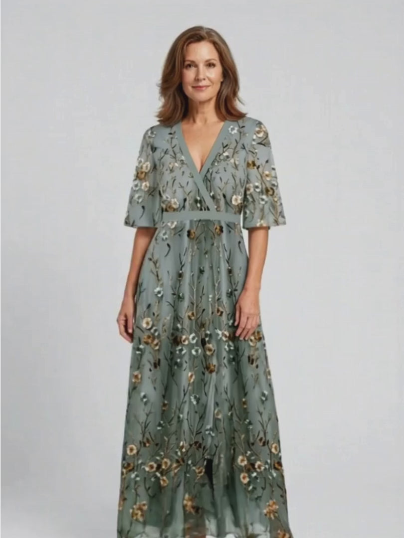 Evadne | Floral V Neck Short Sleeve Maxi Dress